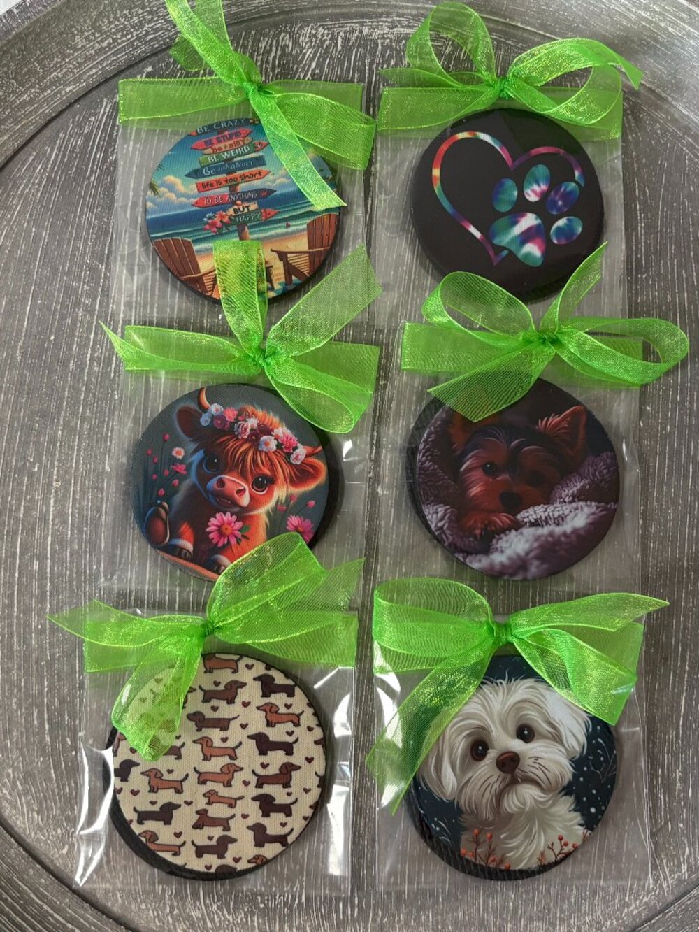 NWOT - 2-pc Car Coasters-Dachshund, Yorkie, Maltese, Signs, Highland Cow, & Paw